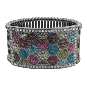 Multicolor Rhinestone Hexagon Cluster Gun Metal Statement Stretch Bracelet